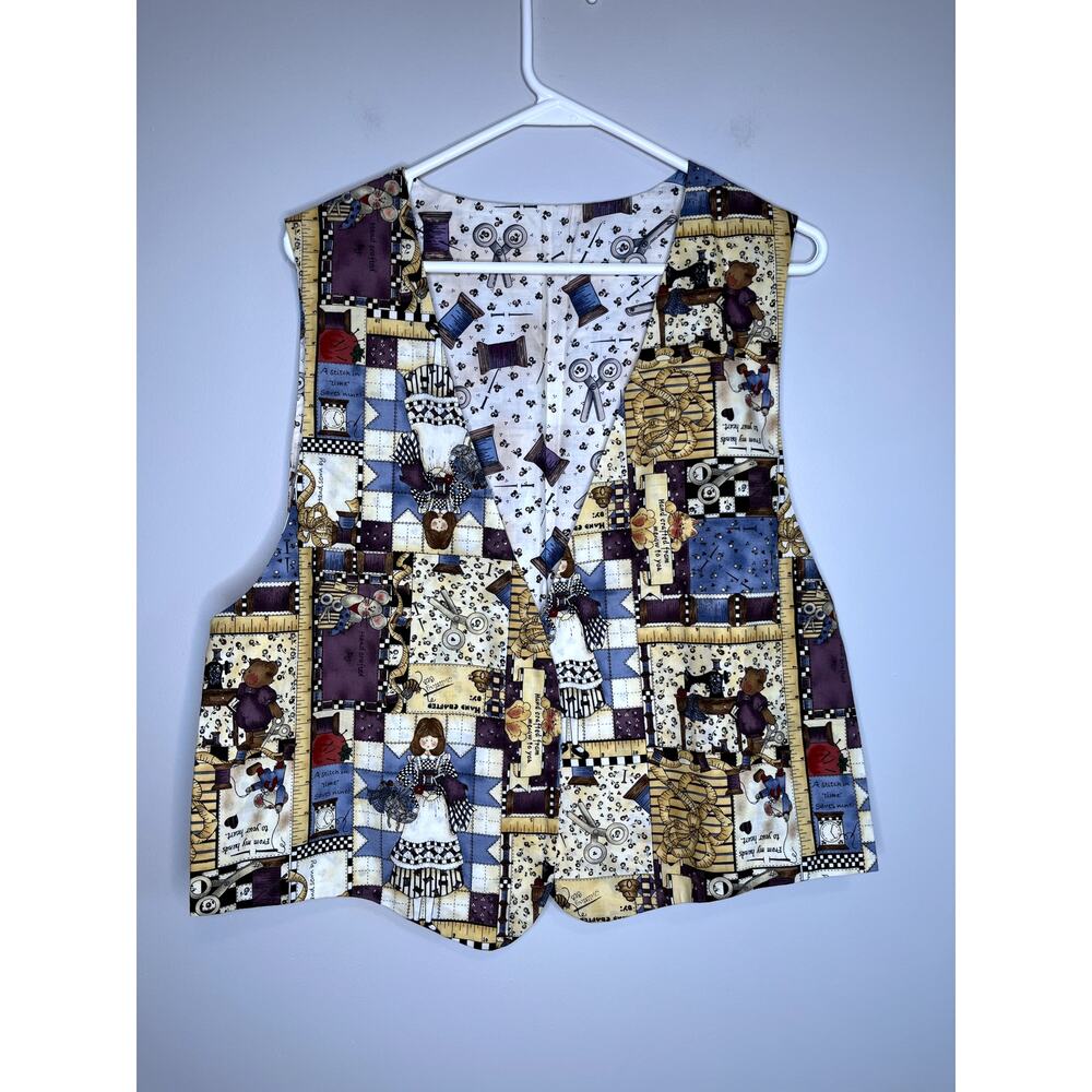 1990s Handmade Seamstress Sewing Bobbins Reversible Patchwork Cotton Vest 2XL